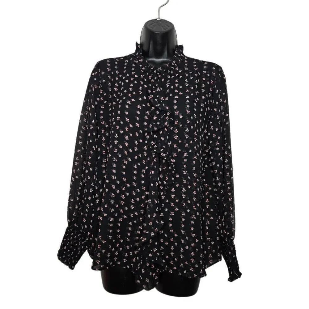 MISA Los Angeles Ruffle Button-Up Blouse Size Medium Black Floral Viscose